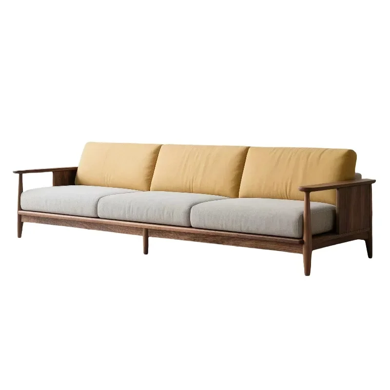 New Chinese solid wood sofa, black walnut fabric straight row sofa, modern simple Song's aesthetic ash wood sofa