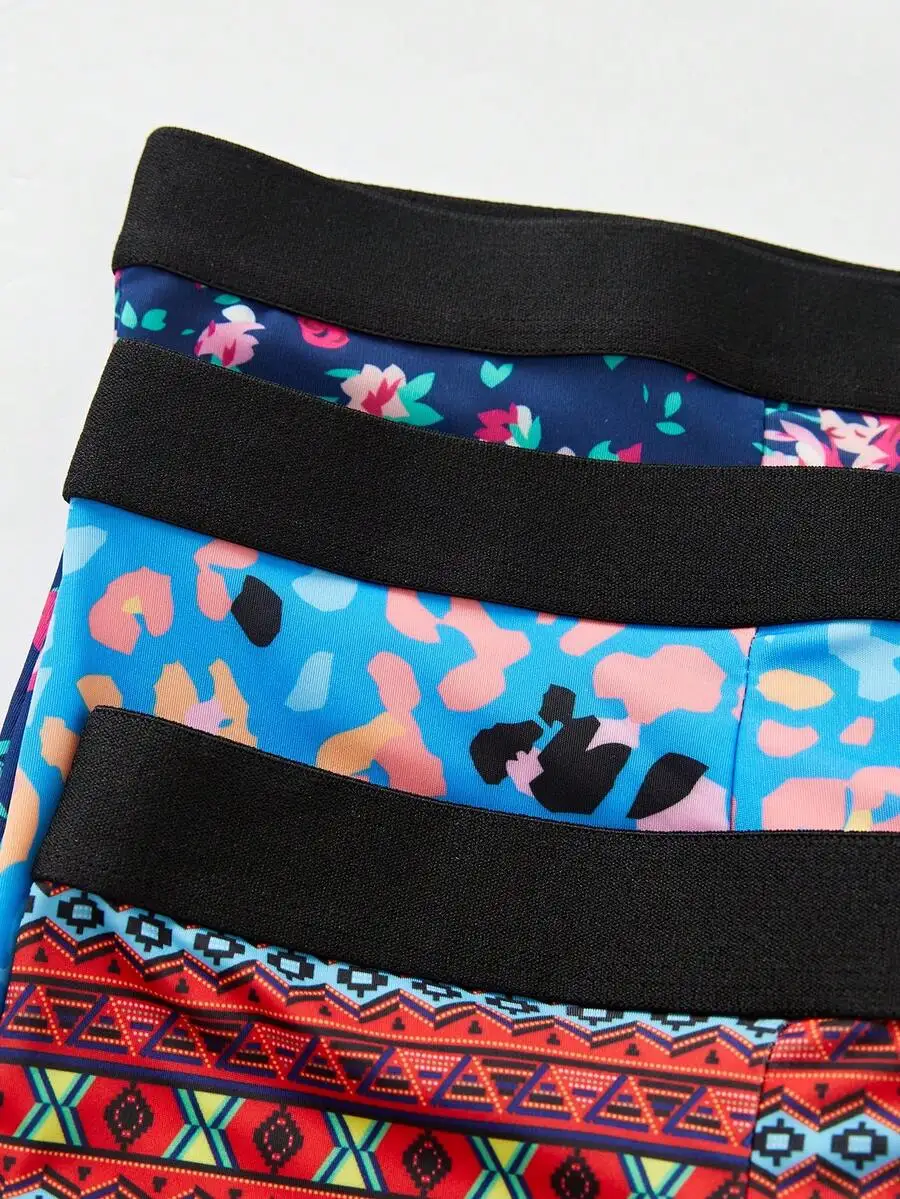 

Men 3pcs Floral Leopard Geometric Print Boxer Briefs With Contrast Black Waistband