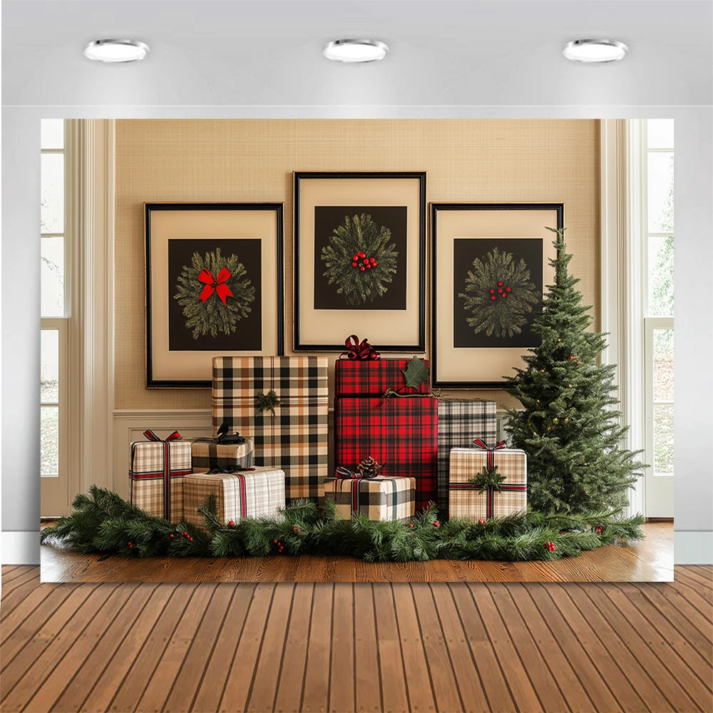Santa Claus Studio Photography Backdrops Adult Kids Portrait Photocall Background Red Checkered Xmas Tree Gift Photo Props