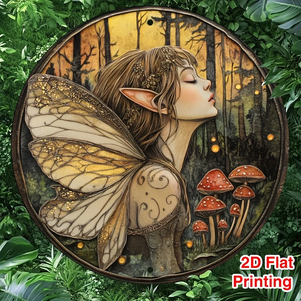 2D Metal Sign, Gold Mushroom Fairy with Wings Forest Scene, Metal Wall Art Decor for Kitchen Living Room Office