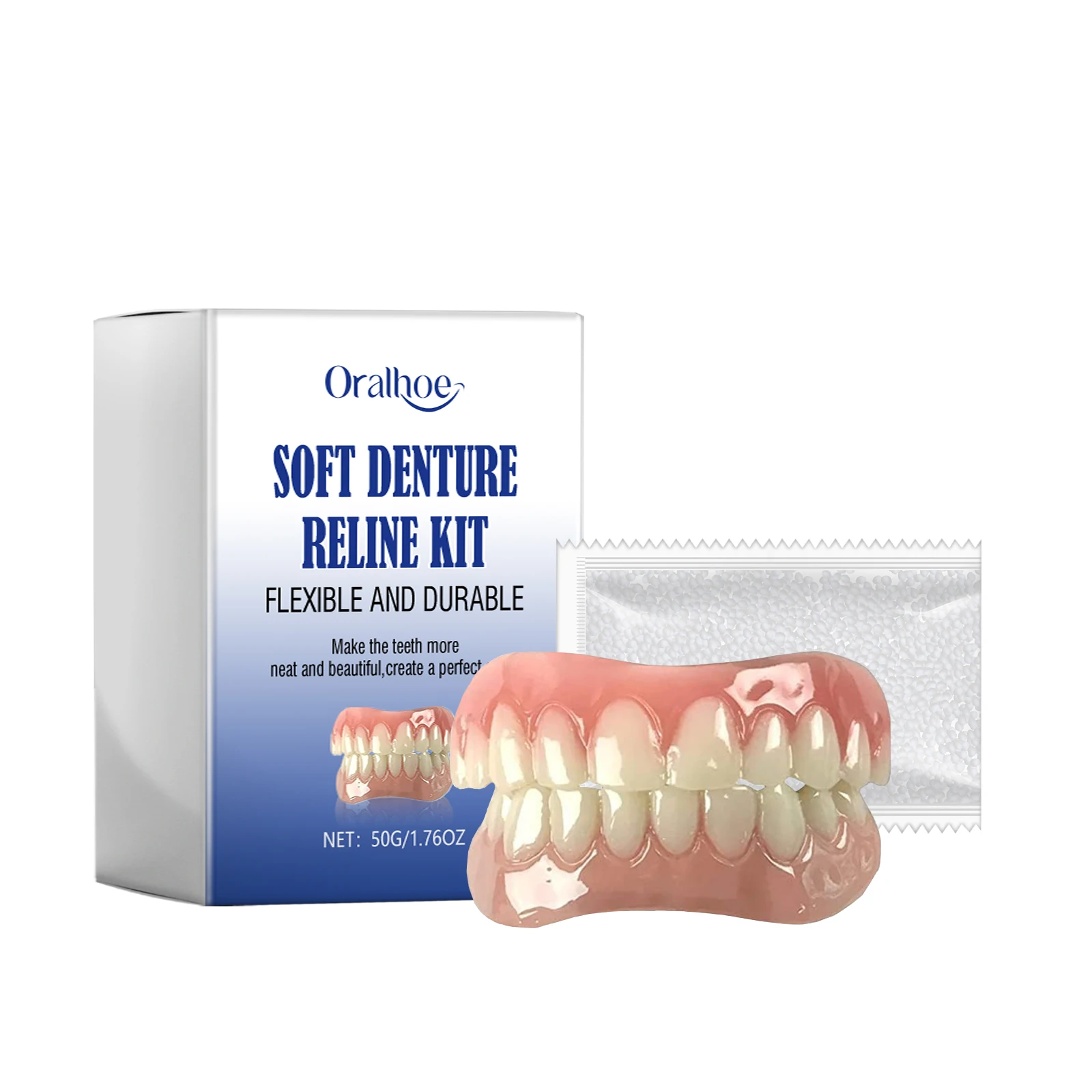 Kit de rebaixamento de dentadura macia, ajuste perfeito, reparação de dentes faltantes, conjunto completo de dentaduras superiores e inferiores, natural, fácil uso, aparelho de silicone