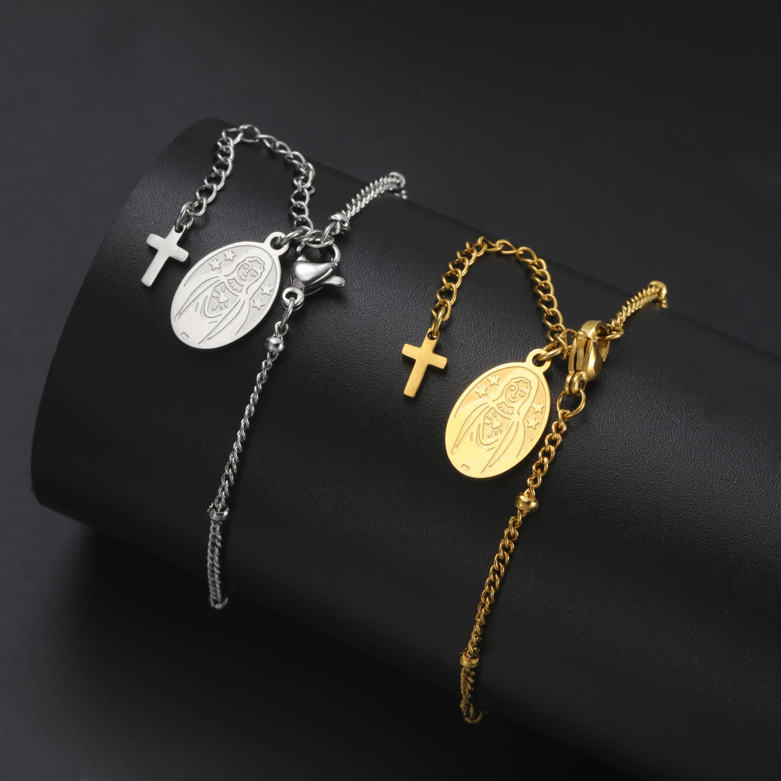 1pc Virgin Cross Stainless Steel Bracelet Gold Steel Elliptical Statue Pendant Ornament Men Women Religious Retro Jewelry Gift