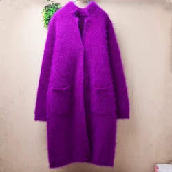 Heavy Thick Women Mujer Winter Clothing Hairy Mink Cashmere Knitted Suit Collar Long Sleeves Loose Long Sweater Cardigans Coat