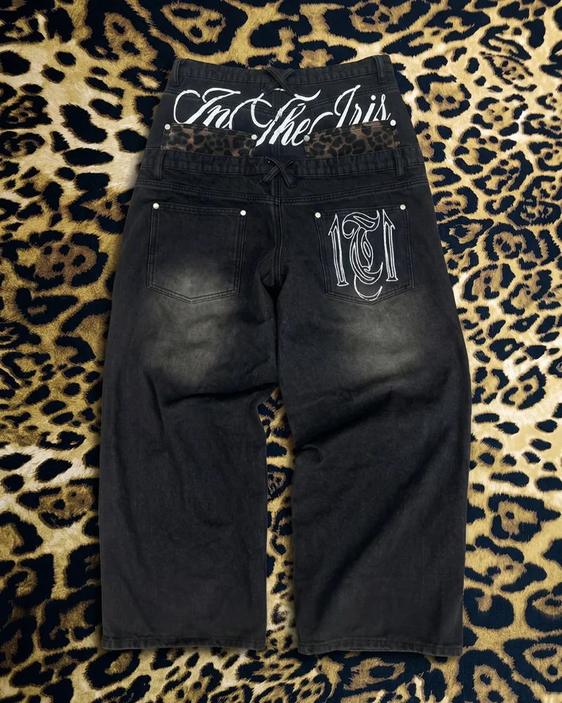 

Y2K Vintage Washed Black Wide Leg Jeans Harajuku Streetwear Leopard Embroidery Baggy Denim Pants High Street Men Women Trousers
