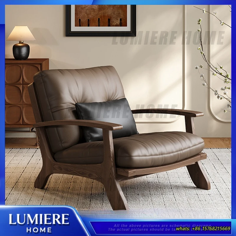 

Кожаное кресло в стиле середины века для гостиной, спальни, уголка для чтения, с каркасом из массива дерева, винтажное, для отдыха