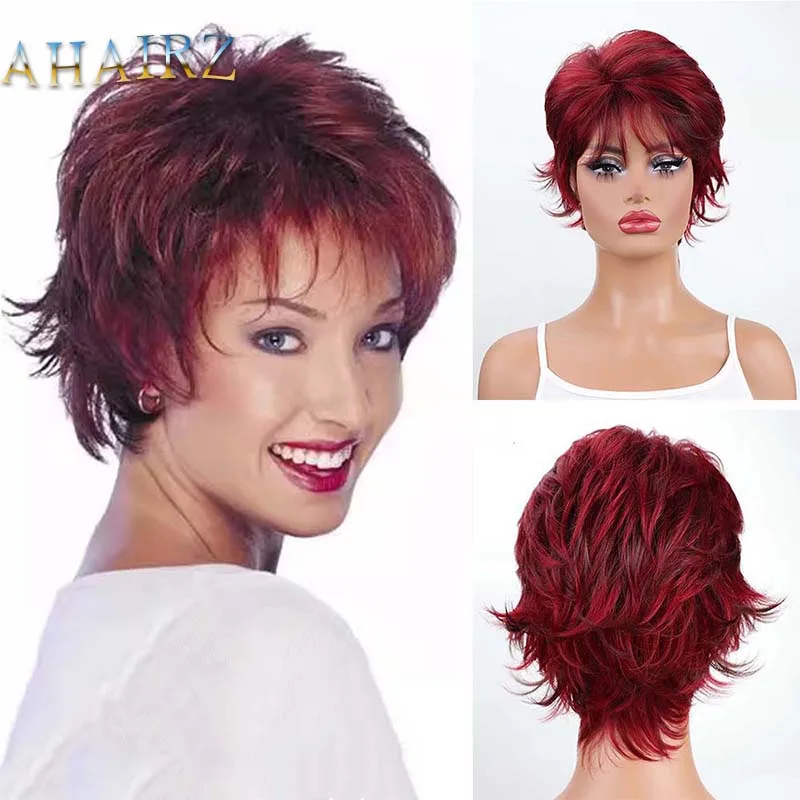 

Synthetic Short Wigs with Bangs Soft Fake Hair Short Wine Red Curly Hair Costume Party Wig for Women Daily Use