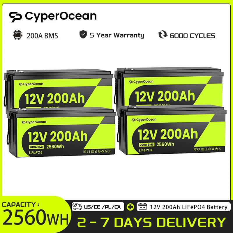 CyperOcean 12V 200Ah LiFePO4 Batterie 4er-Pack, Deep Cycle 2560Wh, 200A BMS mit Niedertemperaturschutz für Wohnmobile, Boote, Golfcarts, Vans, Camping und Solarspeicher, 5 Jahre Garantie