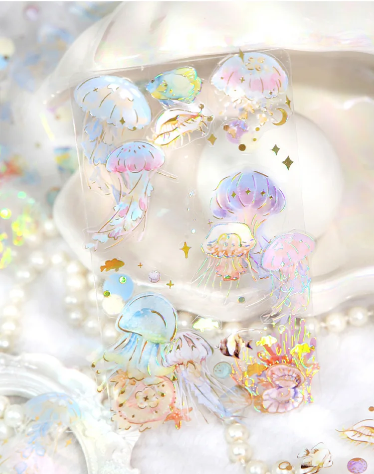 3 Sheets/pack Laser Bronzing PET Hot Stamping Jellyfish Cute Bear Dog Florals Transparent Decorative Stickers