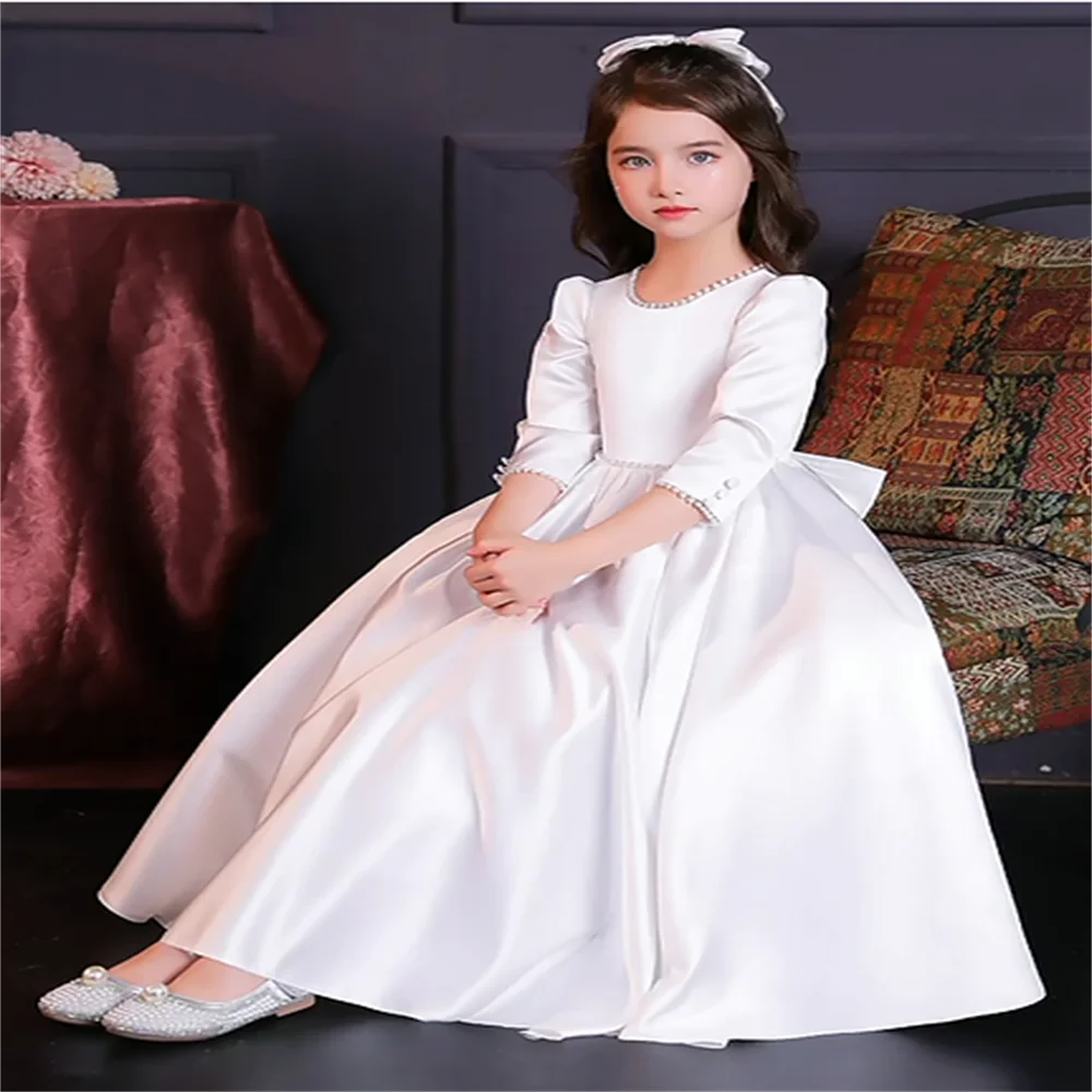 

White Satin Flower Girl Dress Elegant Party Dress Long for Wedding Concert Princess Bow Birthday Concert Junior Bridesmaid Gown