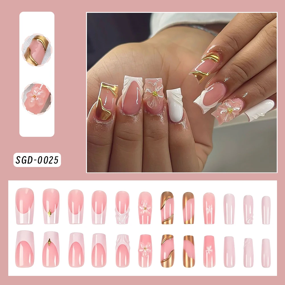 24 pièces 3D or étoile Rivet perles à la main faux ongles français Long cercueil presse sur ongles portable faux ongles conseils bricolage Y2K manucure 1