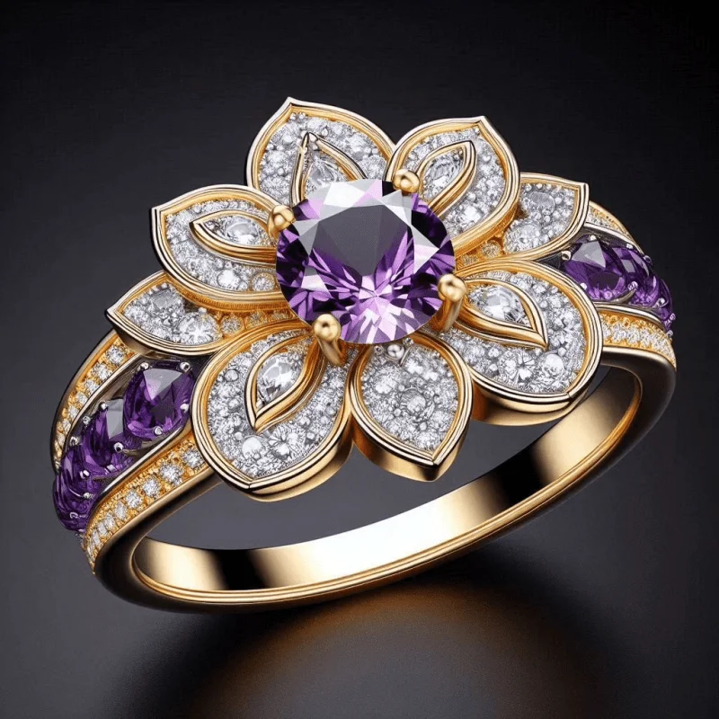 Elegant Luxury Two Tone Purple Flower Ring for Women Paved Sparkling Cubic Zirconia Wedding Party Temperament Sweet Lady Jewelry
