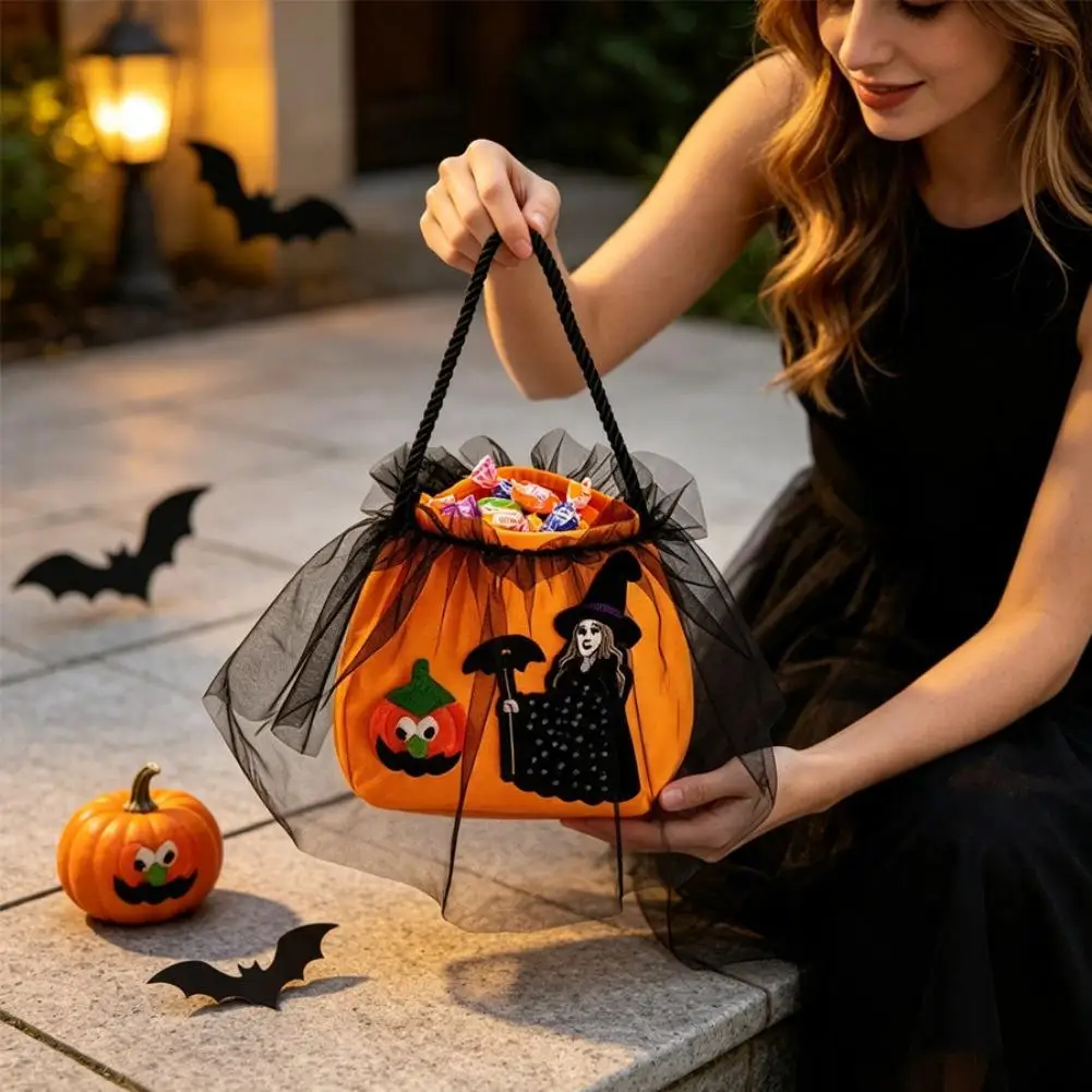 Halloween Trick Or Treat Candy Bag Cute Pumpkin Witch Handbag For Kids Halloween Party Gift Storage Bucket Cosplay Prop Gift Bag