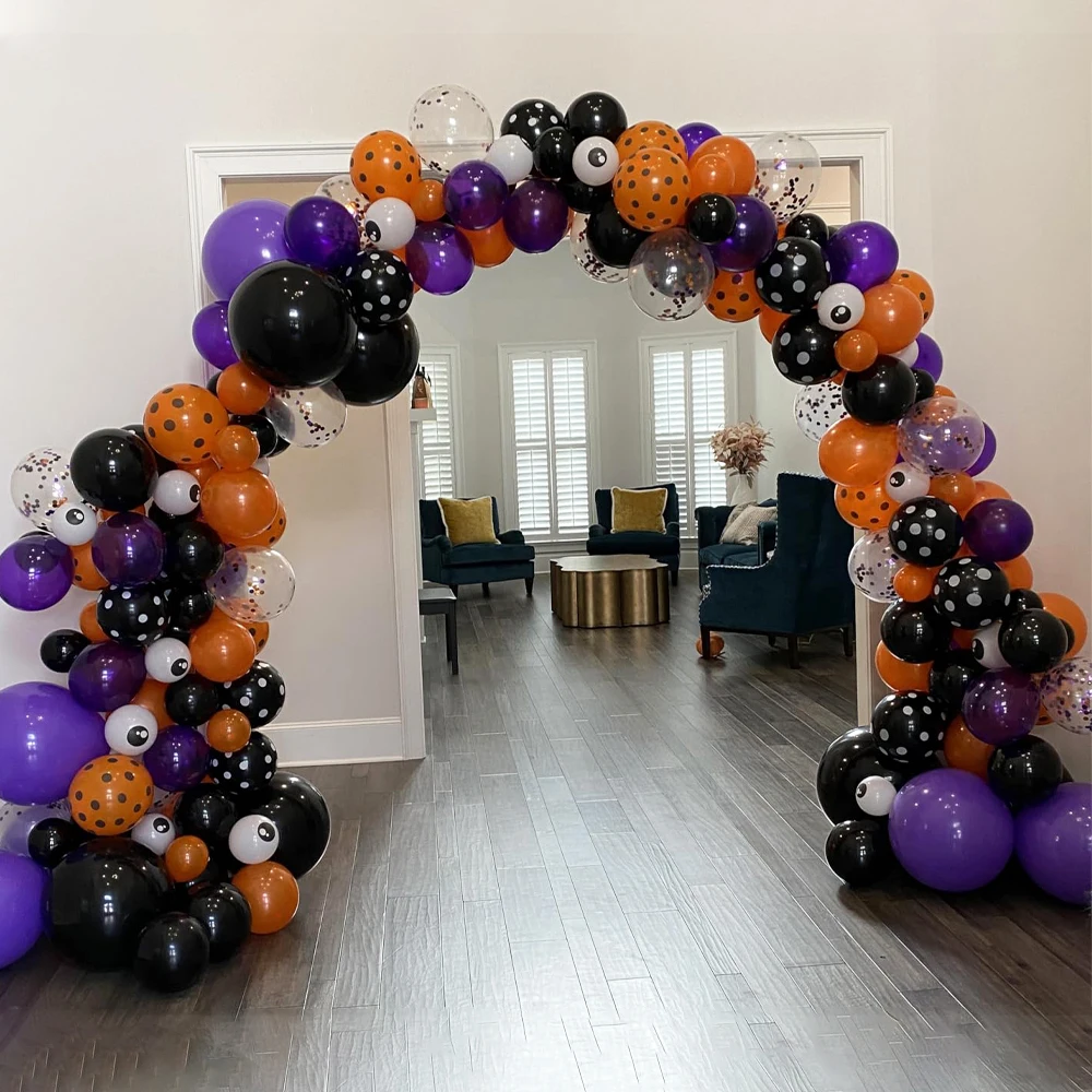 

Halloween Balloon Garland Arch Kit, Confetti Purple Black Orange latex Balloons with Spider Web Halloween for Party Decoration