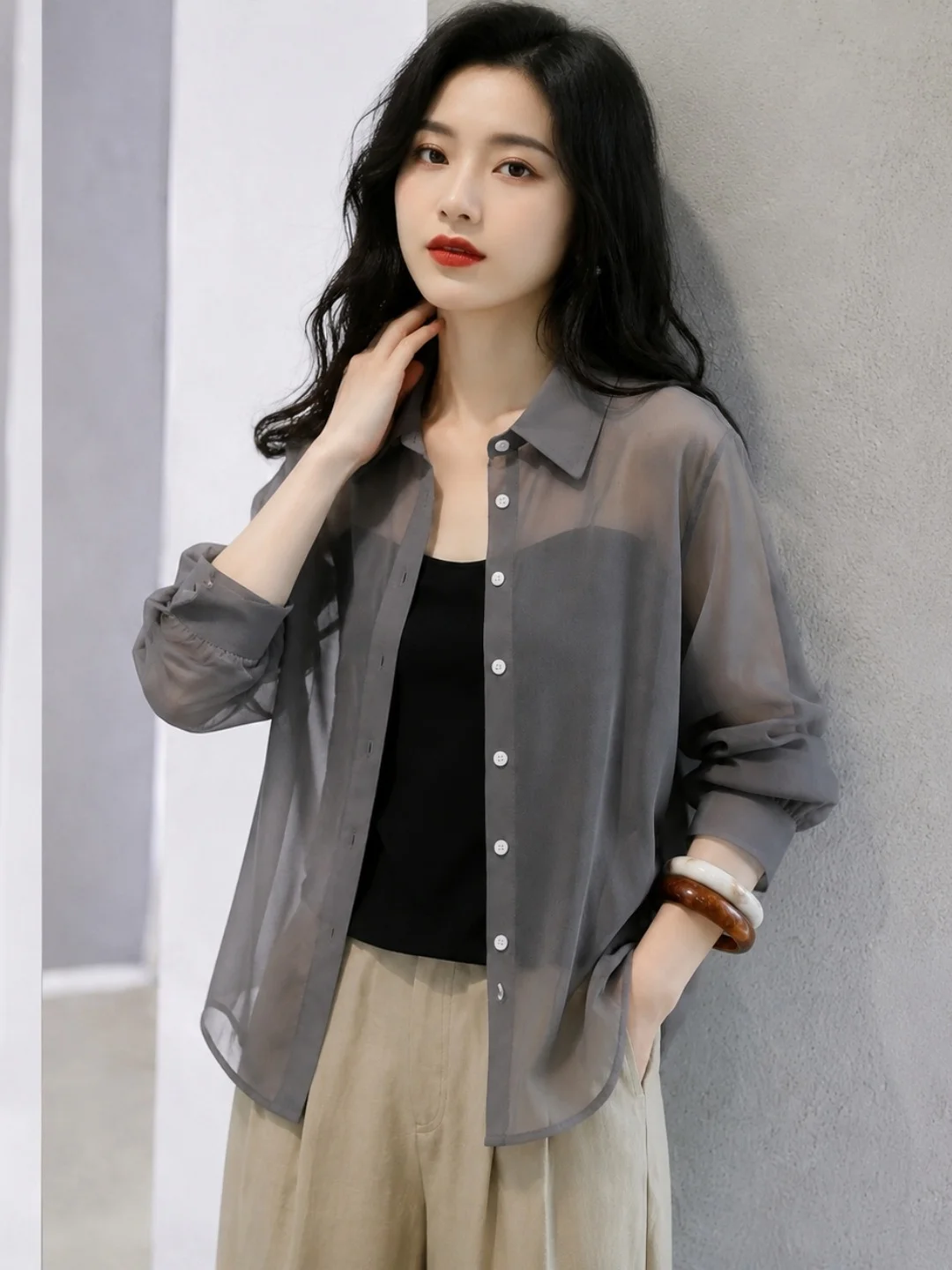 Elegant Korean Style Long Sleeve  Neck Shirt Single Button Casual Sun Protection Top for Women Straight Cut Commute Wear
