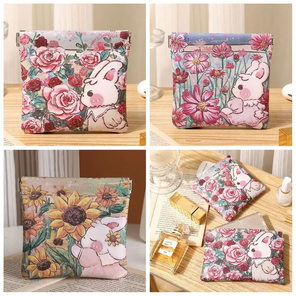 

Storage Bag Pu Leather Mini Cosmetic Bag Flower Print Lipstick Storage Bag Automatic Closed Self-closing Coin Purse Earphone Bag