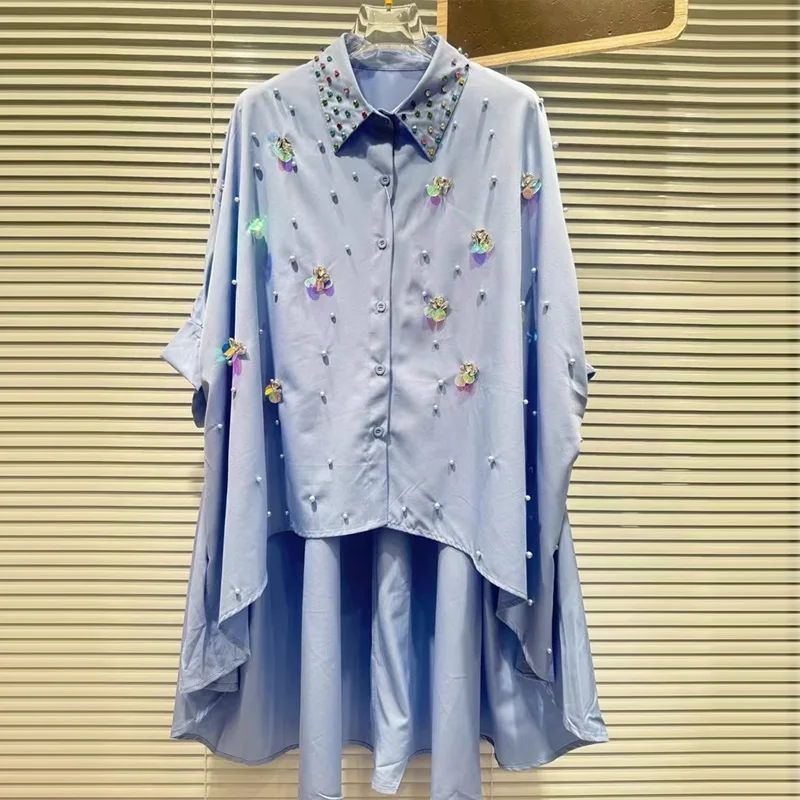 

Vintage High Grade Women Clothing Blusas Mujer Beading Irregular Loose Casual Design Sense Shirts Single-breasted Chic Blouses