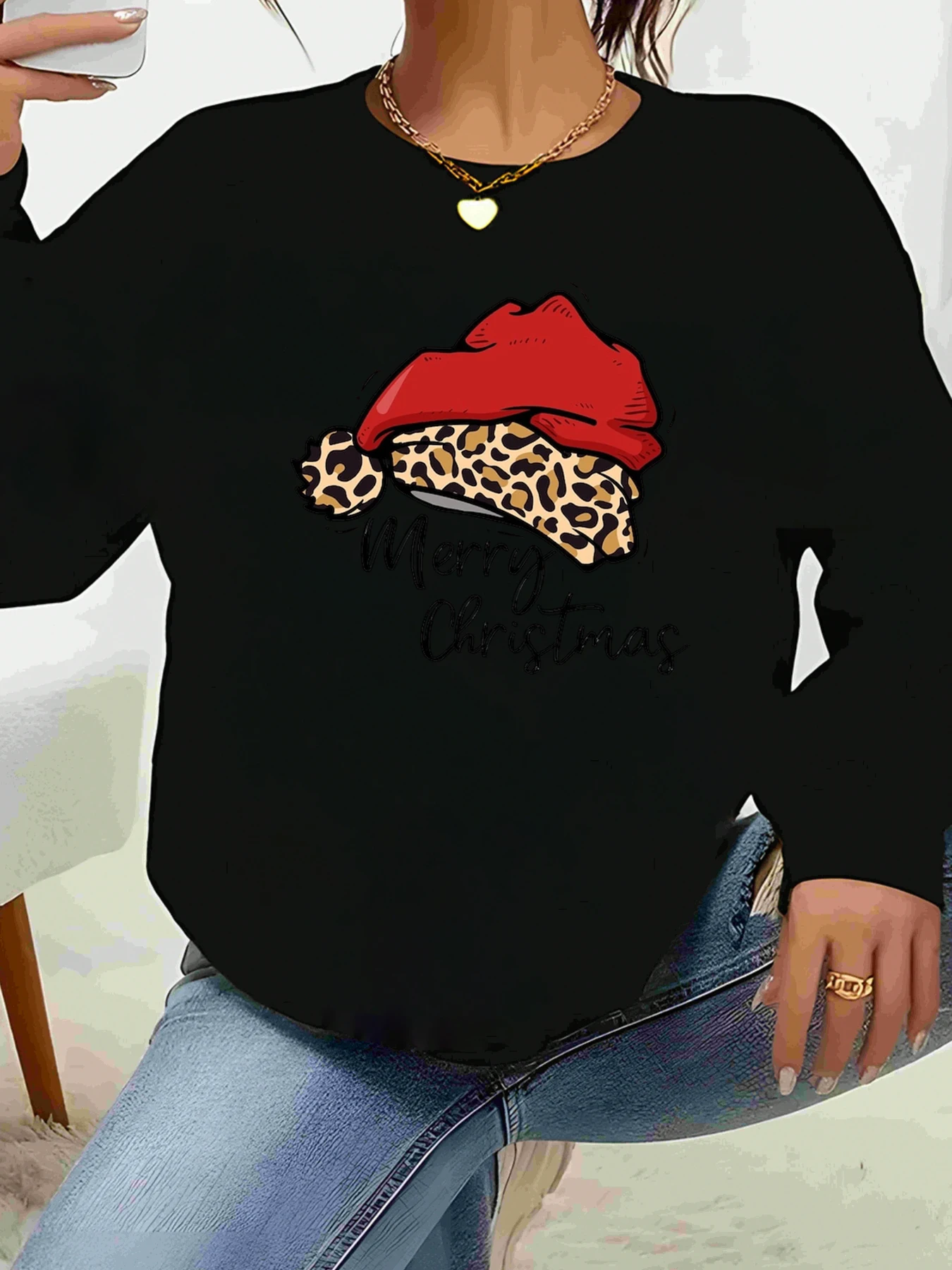 

Леопардовая шляпа Санты с рождественским принтом и длинными рукавами, праздничная повседневная одежда для женщин