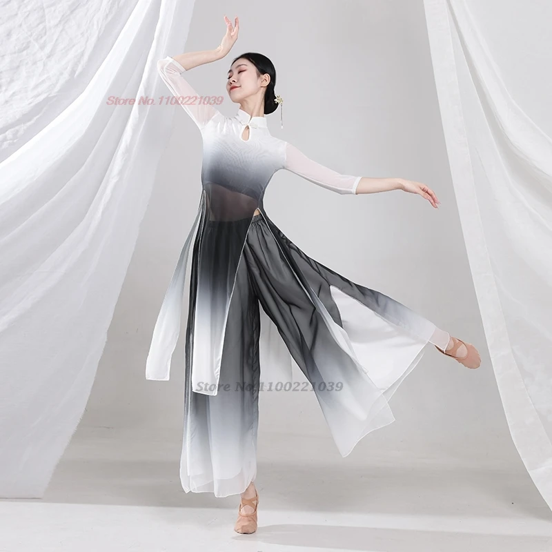 2025 الصينية خمر ملابس رقص الشعبية التدرج اللون شبكة hanfu بلايز + فستان أطفال مع سروال داخلي خمر فستان من الشيفون مرحلة الأداء الرقص