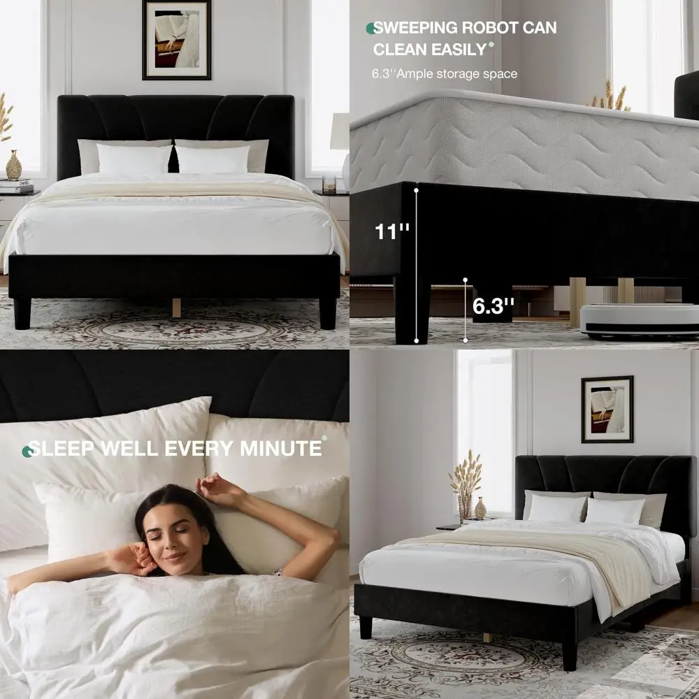 

Черная бархатная кровать повышенной прочности с деревянными ламелями и простой системой сборки