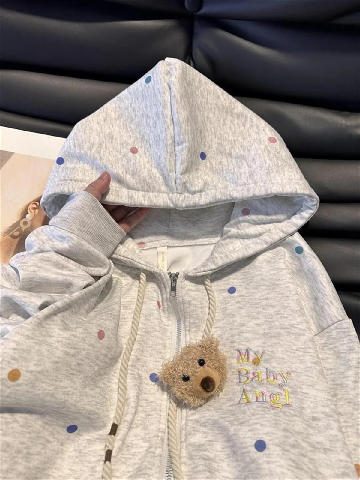 الدب الصغير اللون نقطة مقنعين الربيع والخريف الرجعية بلون زمم بلوزات المتضخم Harajuku طويلة الأكمام مقنعين