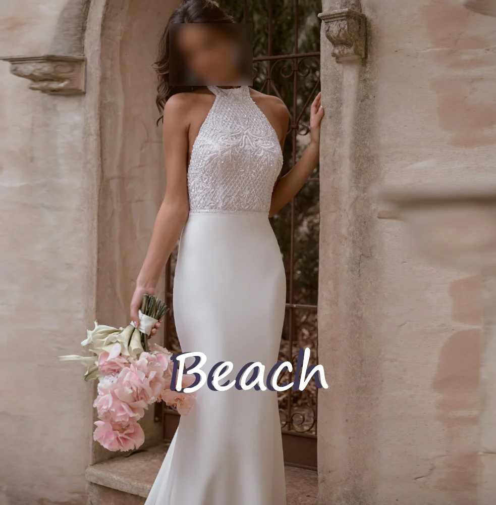 

Beach Sleeveless Sweep Train Crystal Charming Sparkly Garden Wedding Reception Outdoor Mermaid Solid Color Floor Length Beading