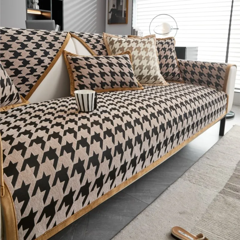 2025 جديد الشنيل كل موسم أريكة houndstooth و العالمي أريكة حصيرة وسادة مسند الذراع غرفة المعيشة الأريكة الغلاف أريكة كيس وسادة شوبافكارفير