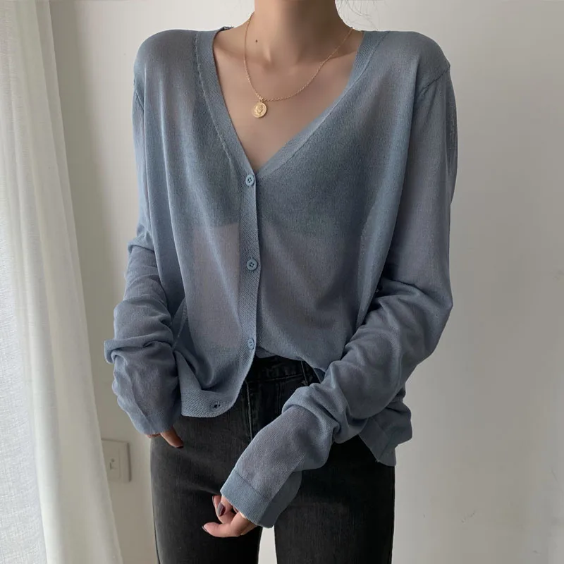 Cardigans Women Shirt Long Sleeve Cardigan Summer Women Tops V Neck Thin Knitted Sunscreen Shirt Sweater Blusas Mujer Blusa E600