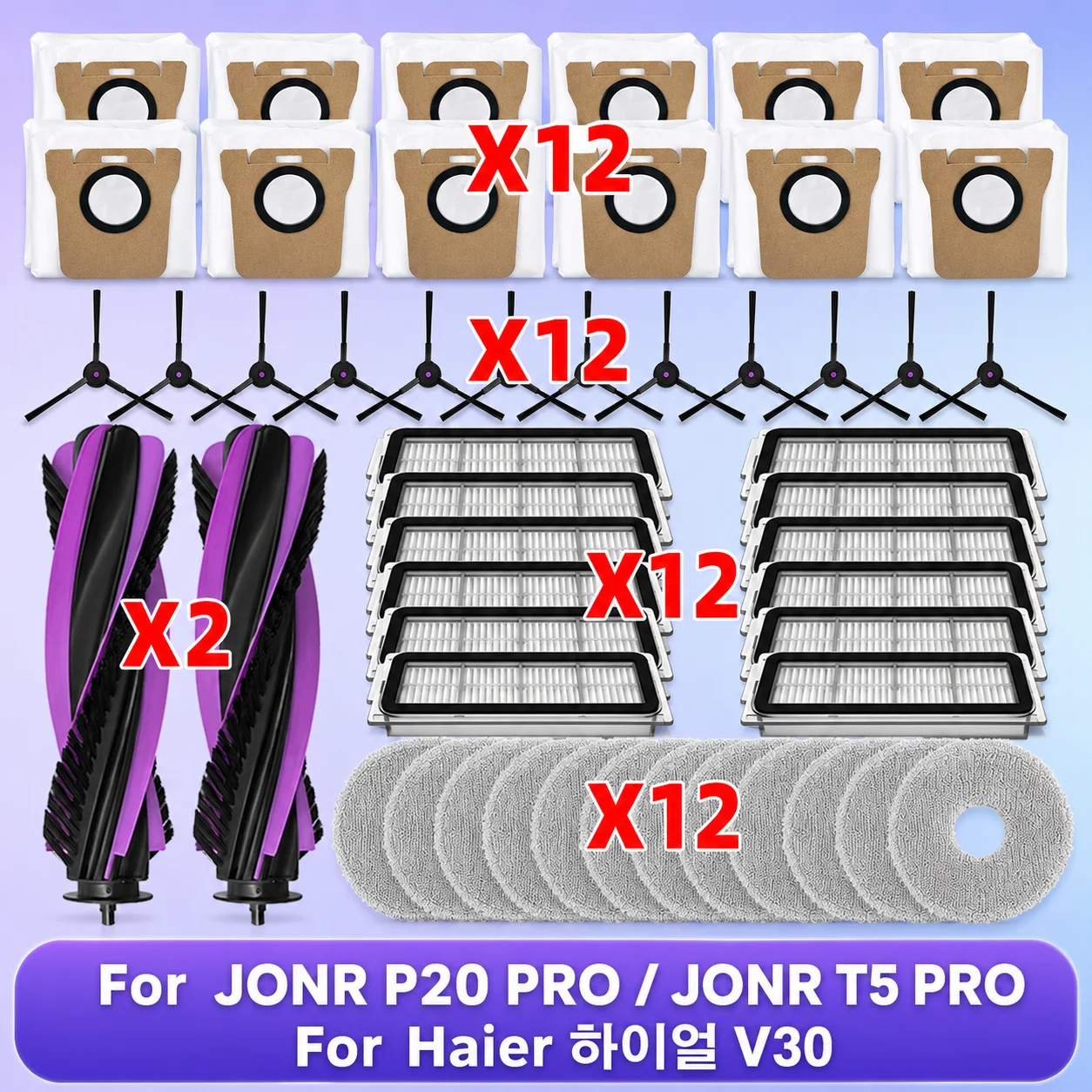 Kompatibel mit (JONR P20 PRO / JONR T5 PRO / Haier V30) Staubsaugerteile Hauptbürste Seitenbürste Filter Wischtuch Staubbeutel Zubehör