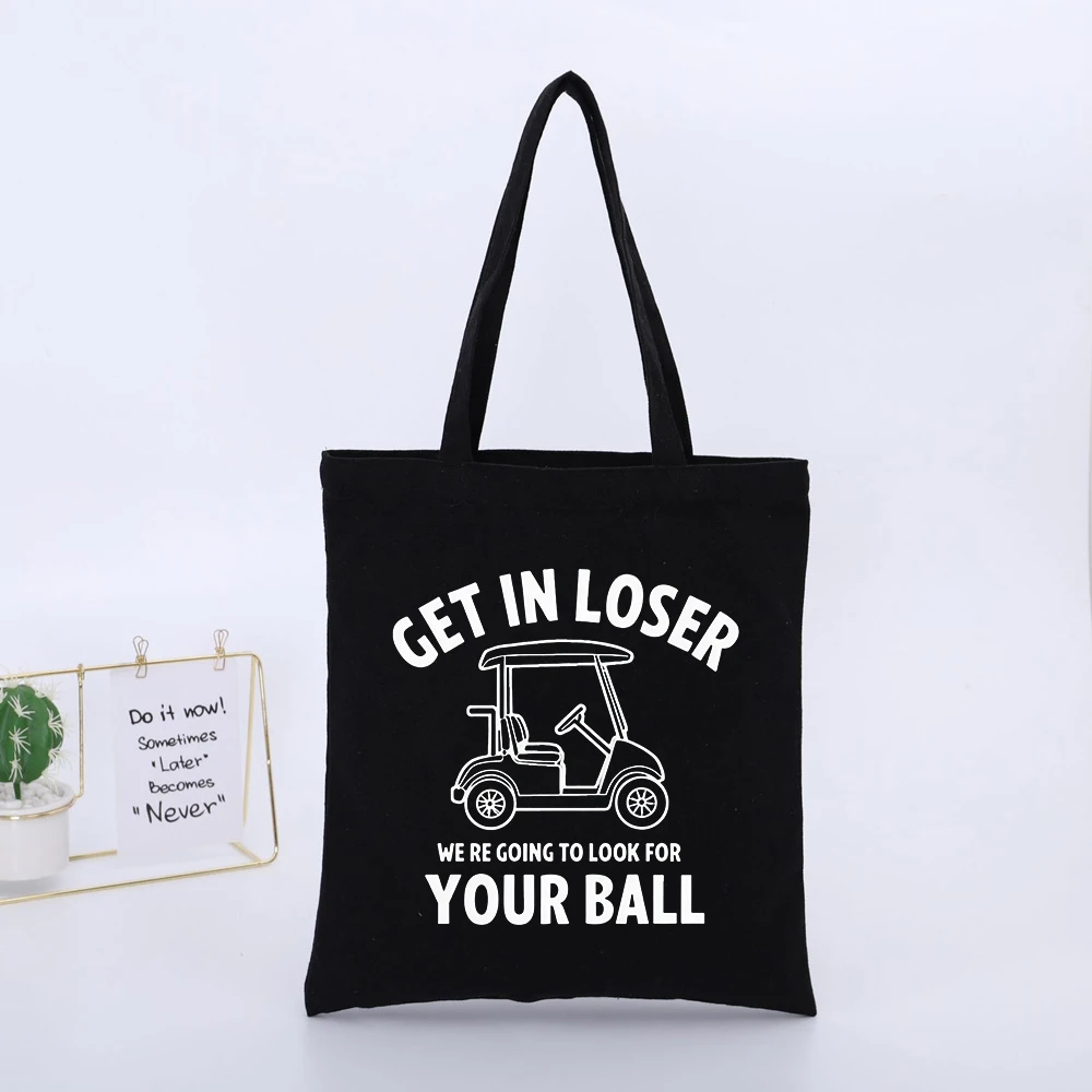 Golf Cart Graphic Canvas Tote Bag with Slogan Print, Casual Style for Daily Golf Outings
