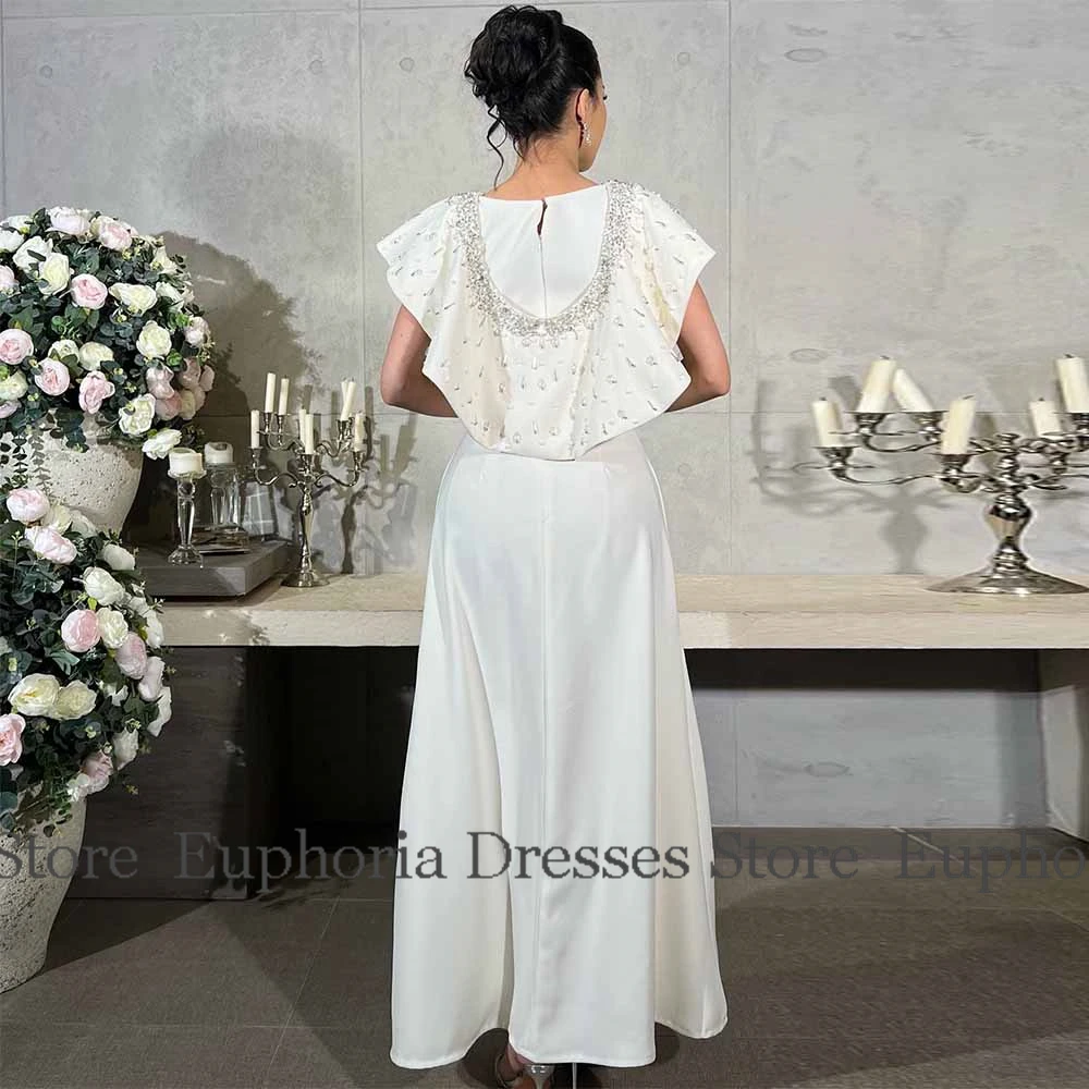 高級カクテルドレス 2025 サテン Aライン 誕生日パーティードレス アイボリー Oネック ビーズ プリーツ ラッフル プロムドレス ミディ