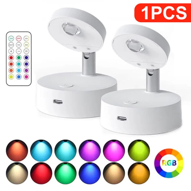 Wireless Led Spotlight USB Rechargeable Remote Control Wall Night Lamp for Room Bedroom  Cabinet Wardrobe 12-Colors Lights