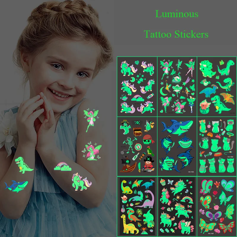 5 Sheets Luminous Tattoo Stickers Temporary Colorful Animal Dinosaur Tattoo Cute Tattoo Stickers Children's Body Tatto