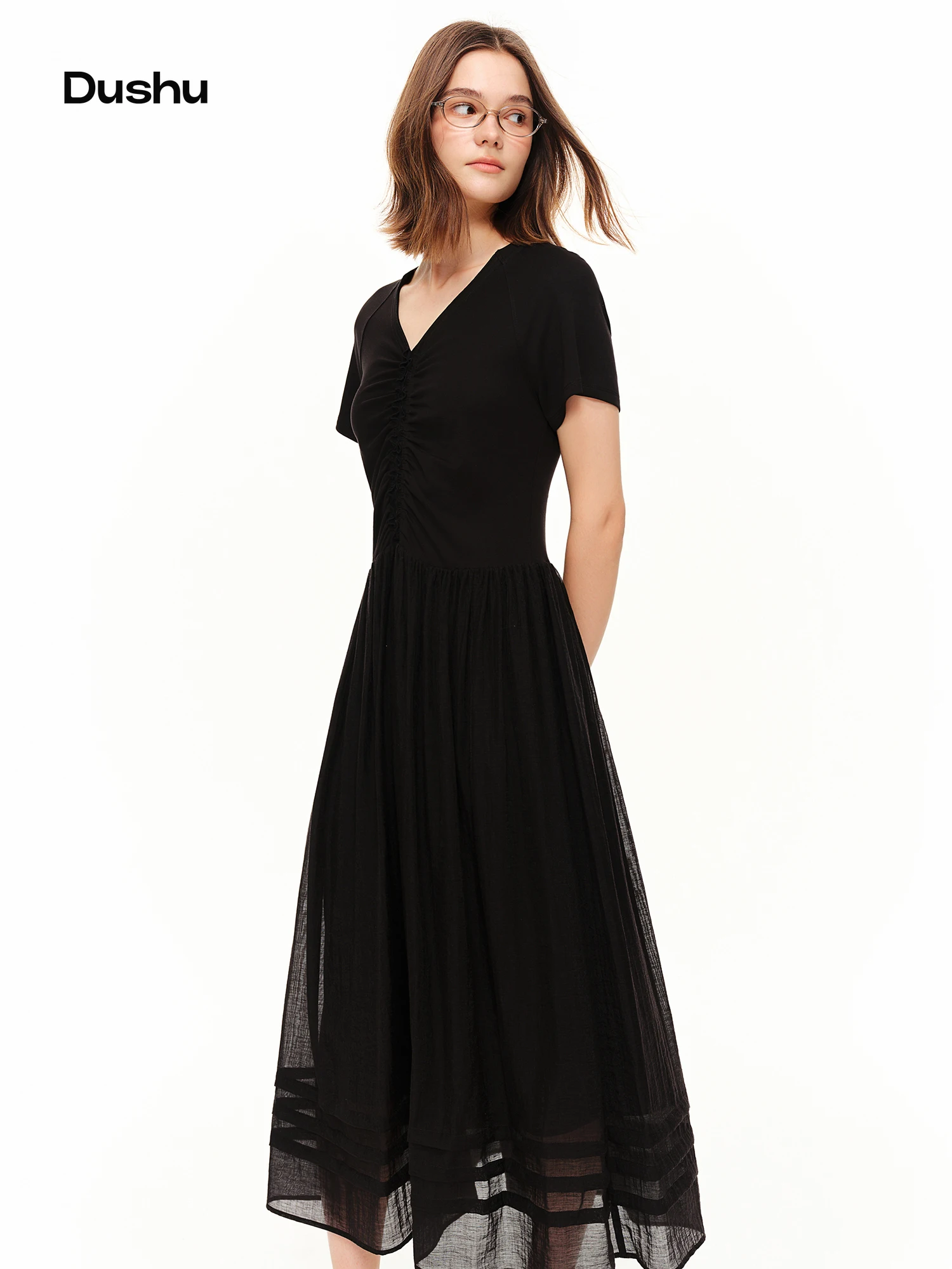 DUSHU 2026 Summer Women's Acetate Blend Paneled Black Midi Dress - Undone Romantic Style for Date Nights and Special Events