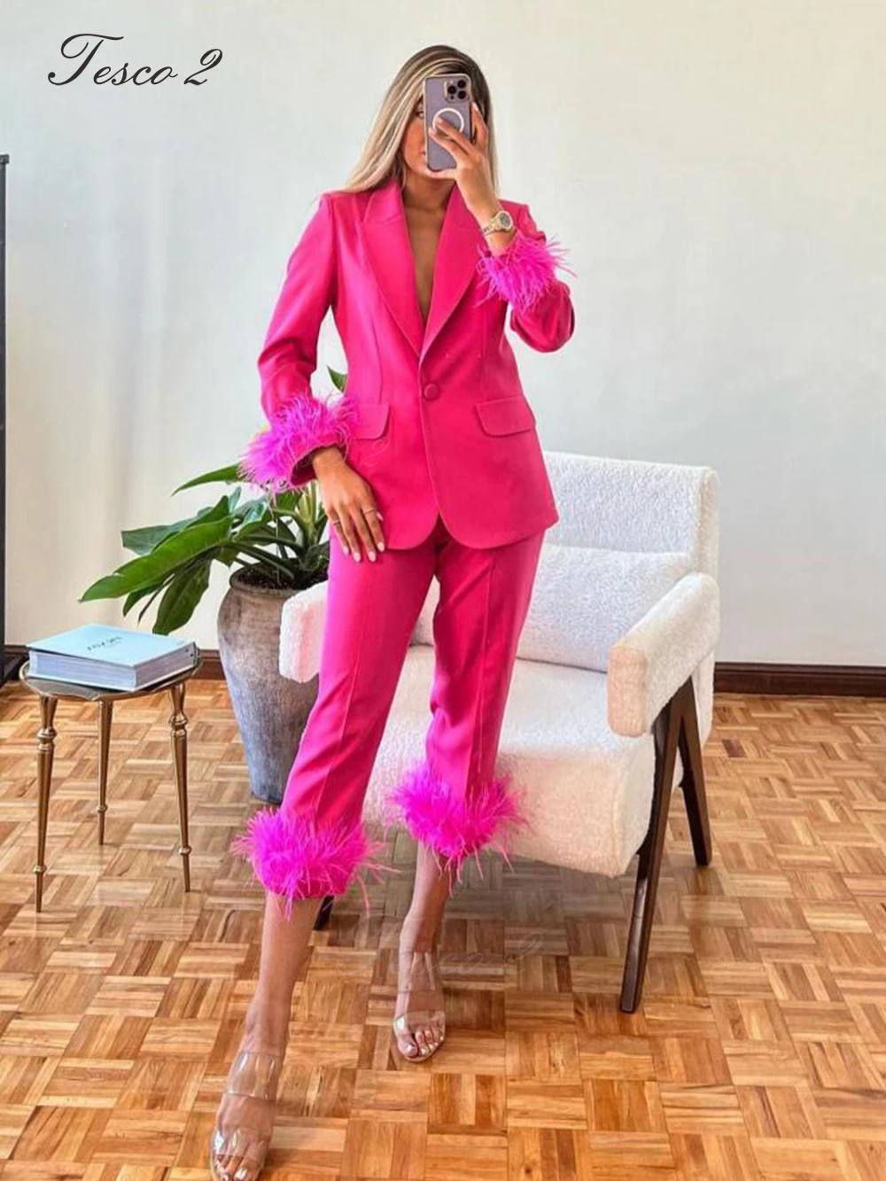 Tesco 2 Fashion Plume Suit For Women Performance Occasion Suit Peak Lapel One Button Casual Suit For Wedding Party