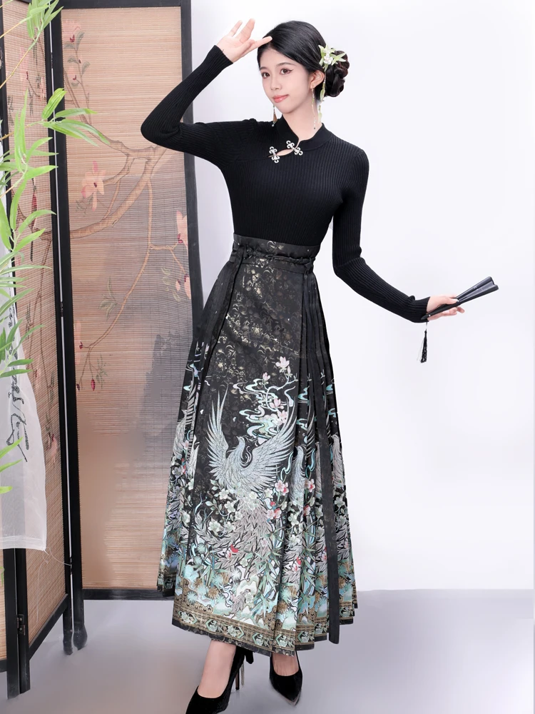 

Original Hanfu Bla Five Phoenix Eagle High-End Heavy Work Imitation Flower Brightn Tail Skirt Cultural Tradition S...