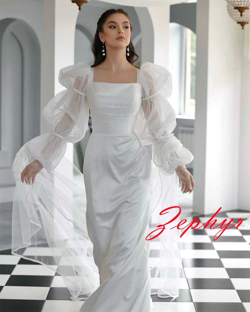 Maßgeschneidertes exquisites weißes Satin-Hochzeitskleid, eleganter quadratischer Kragen, lange Ärmel, Brautkleider, Kapellenschleppe, Meerjungfrauenkleider