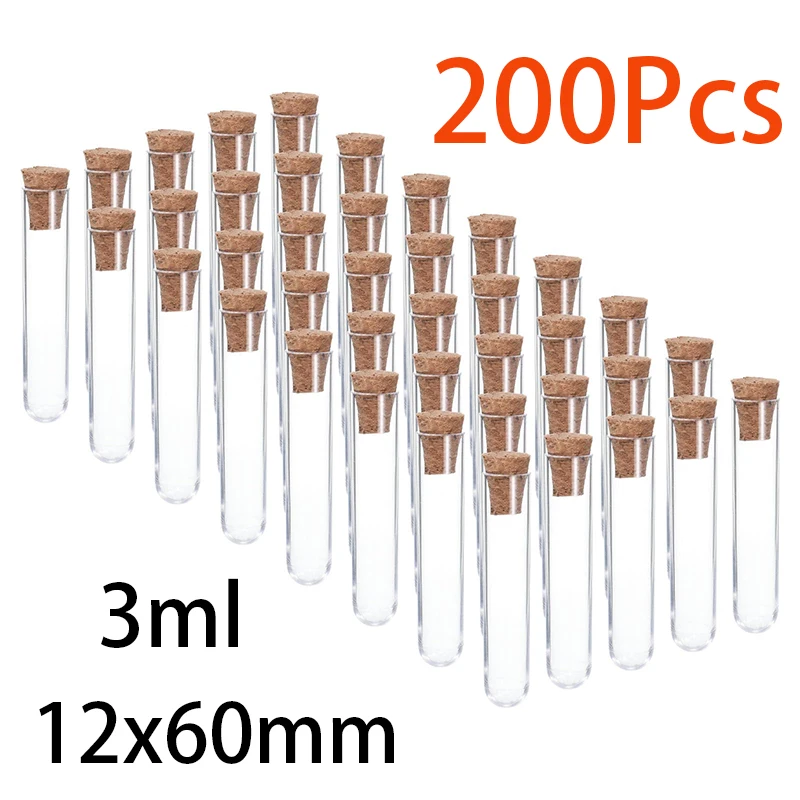 200 Pieces Clear Plastic Test Tubes with Cork Caps Visible Vials 3ml 12x60mm Tight Seal No Leak Slim Holder