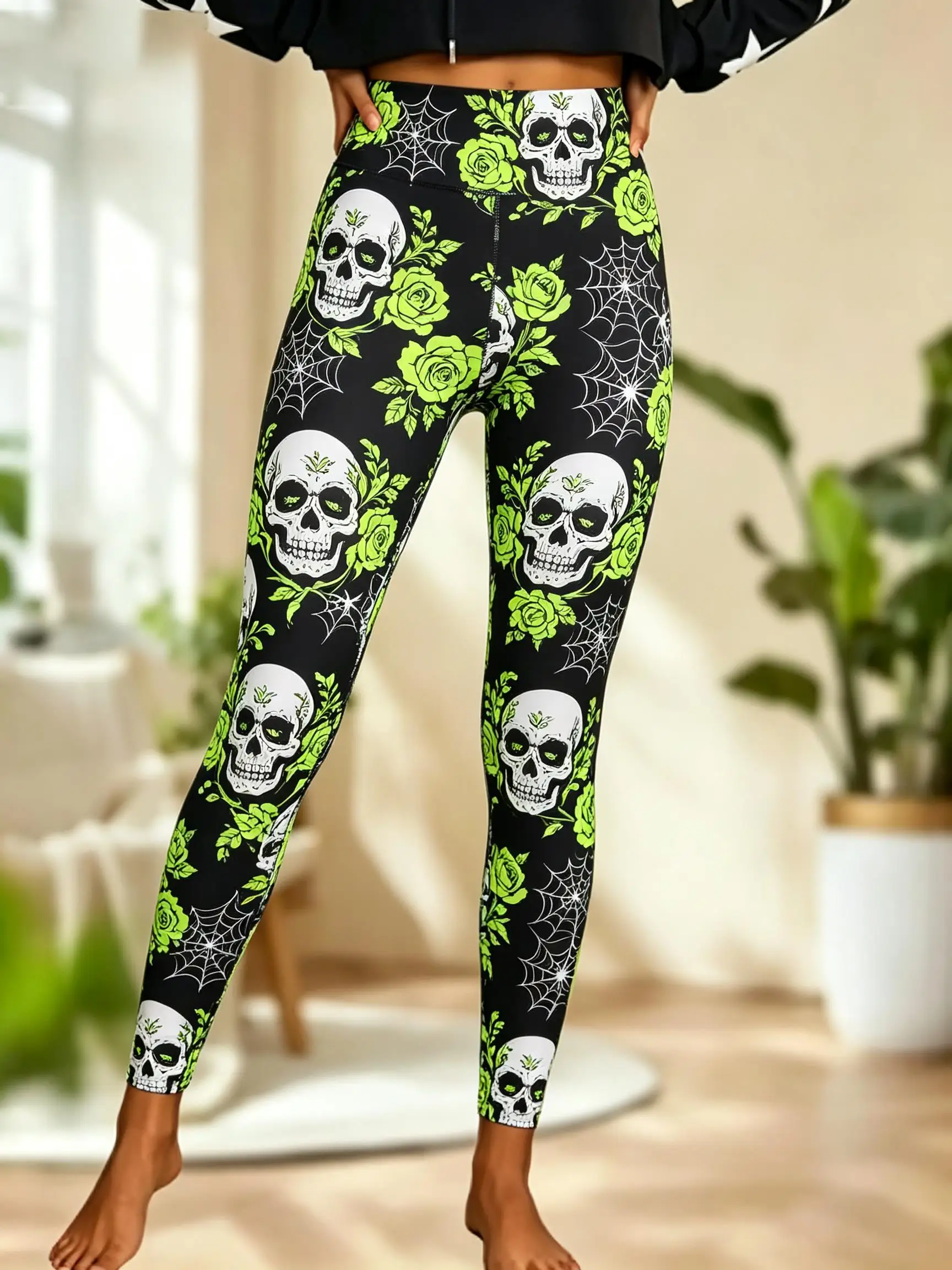 Women Halloween Fleece Mid‑Rise Leggings Sugar Skull Blue Rose Spider Web Full Print Stretch Slim Pants