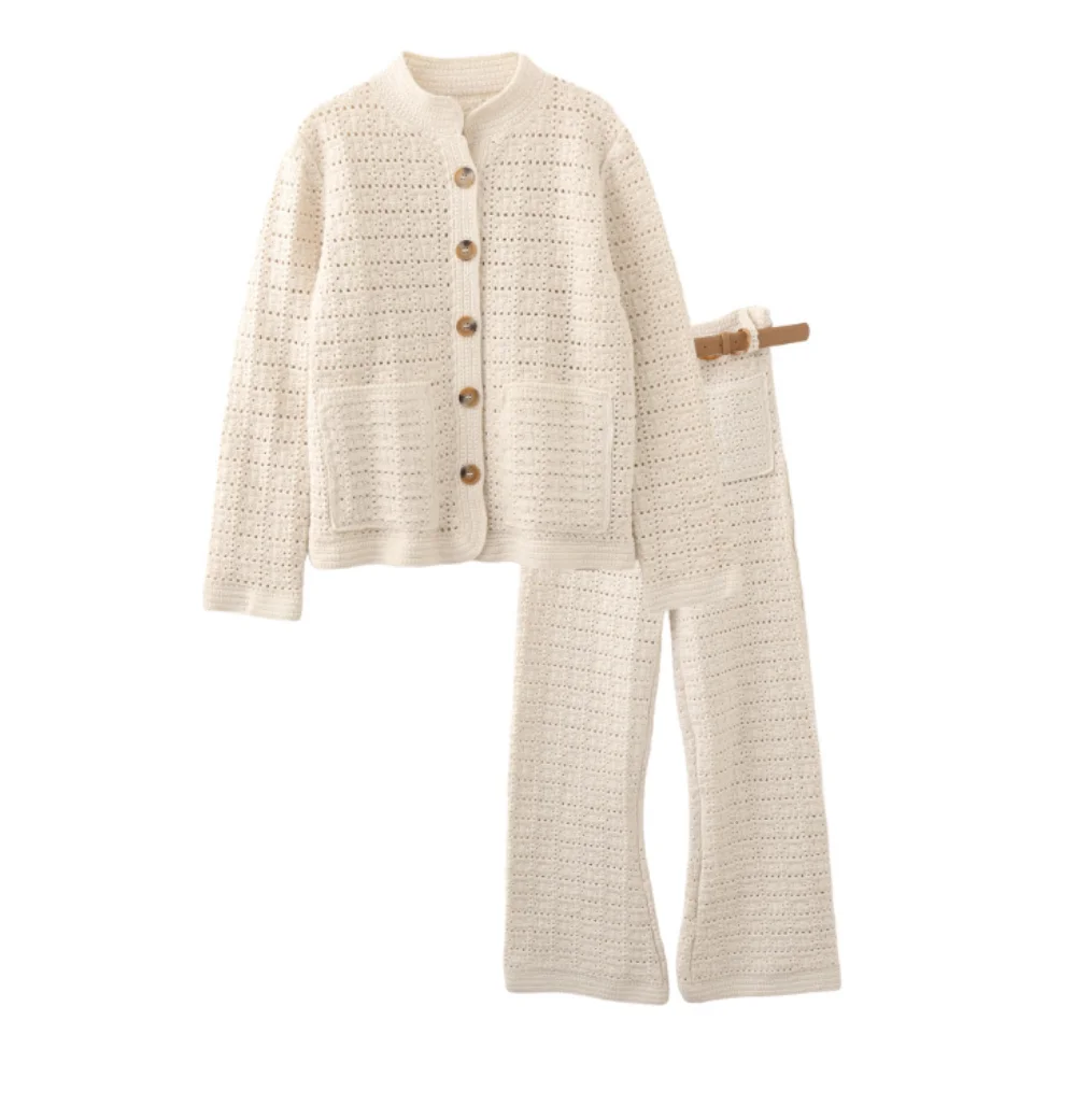 French retro hollow knitted cardigan vest pants three piece set slimming sweater for women