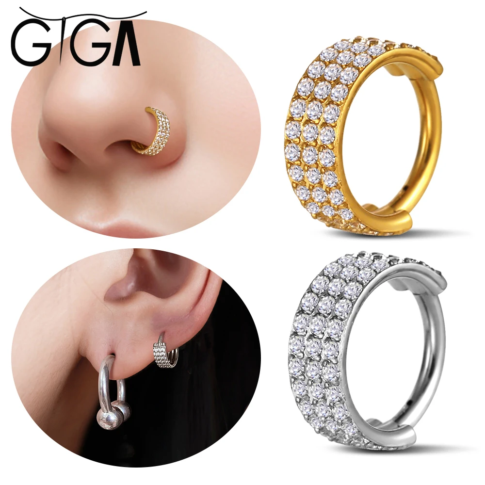 

Giga 1PC Stainless Steel 3 Rows CZ Segment Hoops Nose Rings Clicker Ear Cartilage Tragus Helix Earrings Piercing Body Jewelry