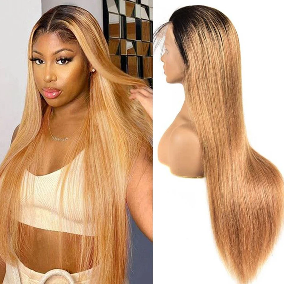 Honey Blonde Wig Ombre Hd Lace Front Human Hair Wigs 1B/27 99j Color Straight Glueless Brazilian Wigs Highlight Lace Frontal Wig