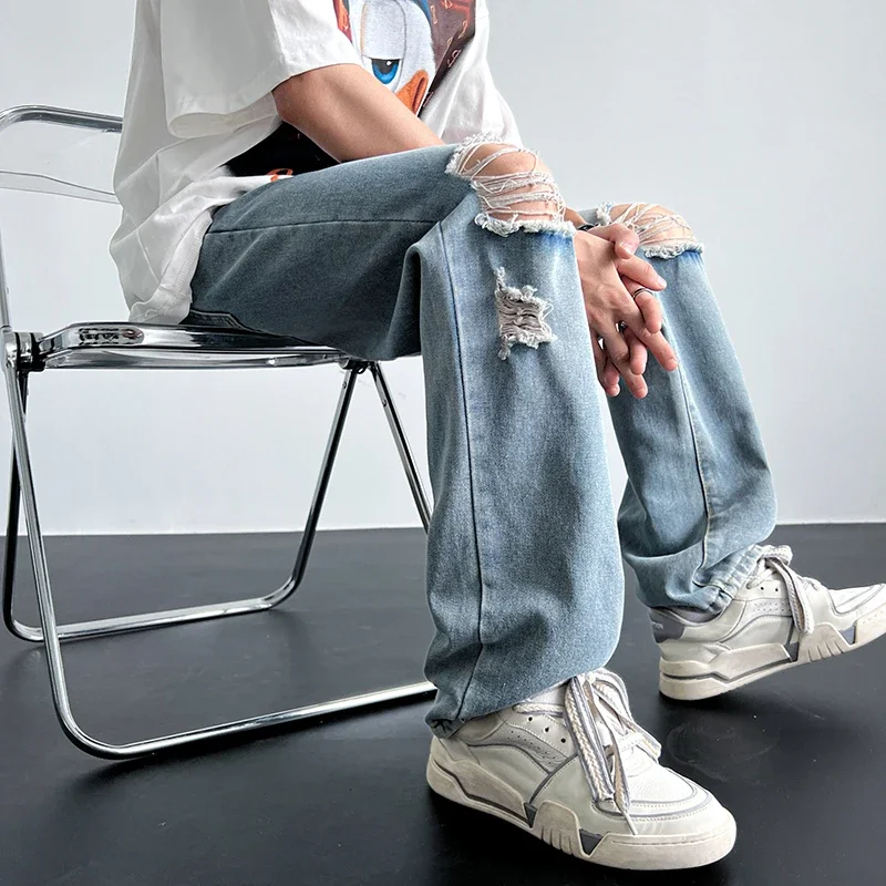 

Jeans Men All-match Simple Retro Soft Korean Style Ripped High Waist Straight Denim Trousers Streetwear Summer Student Pure Fit