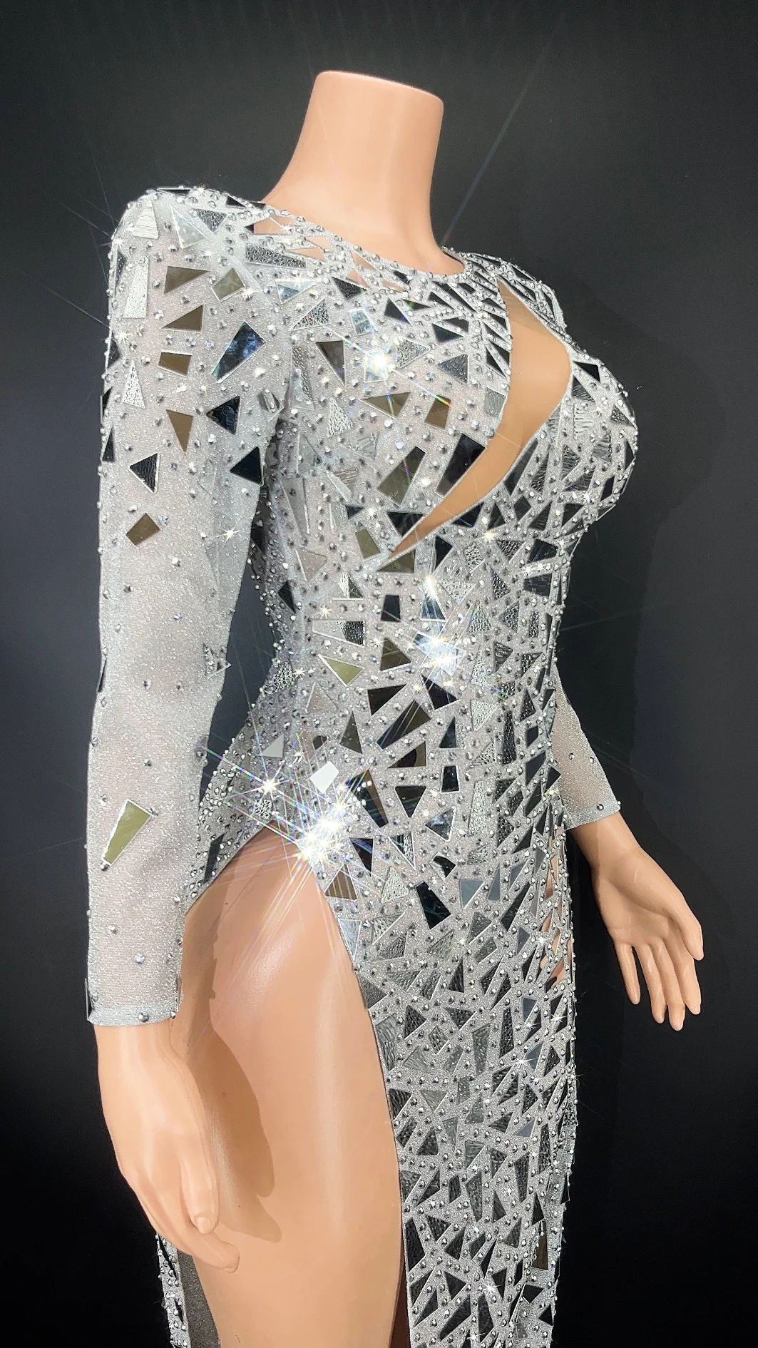 Bright Silver Mirrors Crystals Chains Dress Sexy Dance Costume Women Evening Celebrate Crystals Dresses Birthday Collections