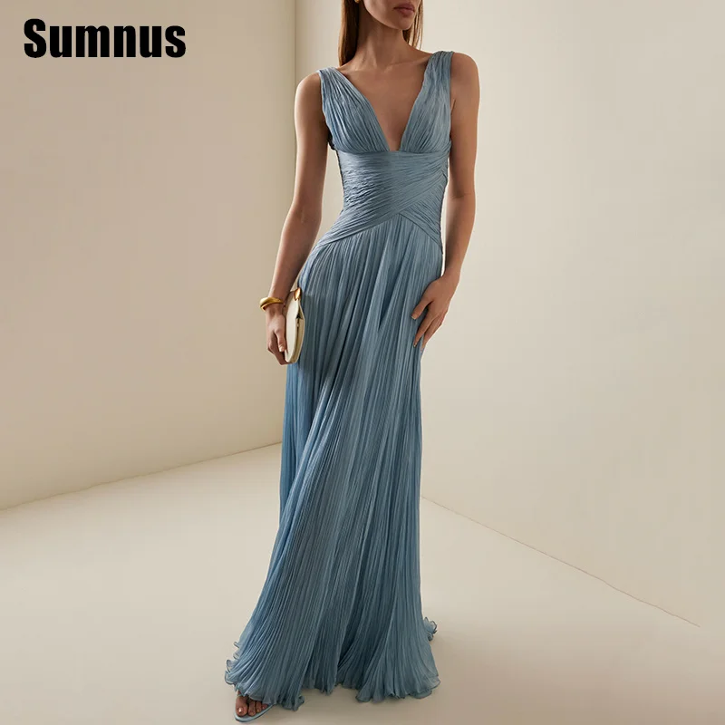 

Sumnus Modern A-Line Prom Dress Dusty Blue Deep V-Neck Pleats Draped Floor Length Party Dresses Evening Dress Women Customized