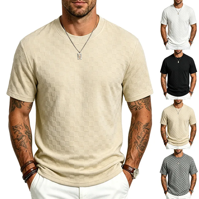 Men Solid Square Check Jacquard Texture Crew Neck Short Sleeve Casual Summer Tee
