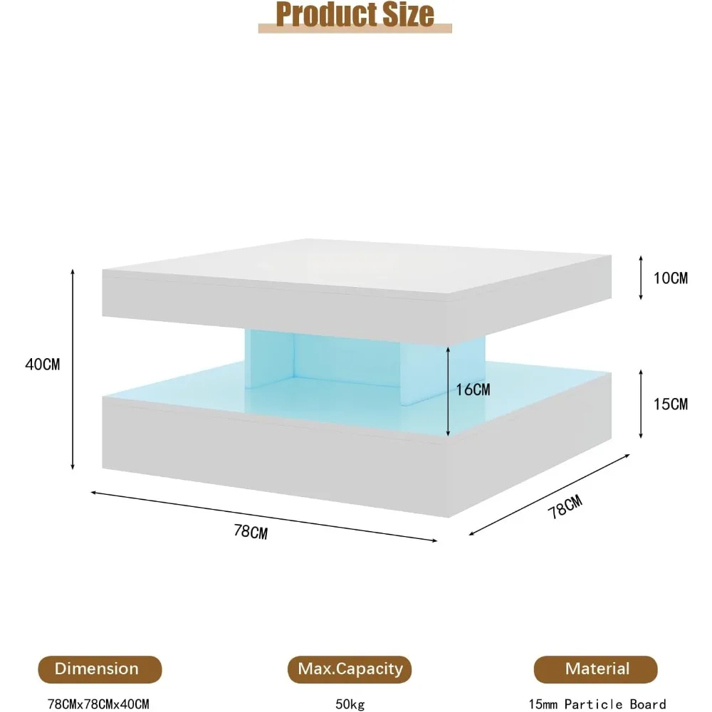 Tavolino da caffè moderno quadrato a LED a 2 livelli per soggiorno, tavolo centrale contemporaneo in legno lucido con design elegante