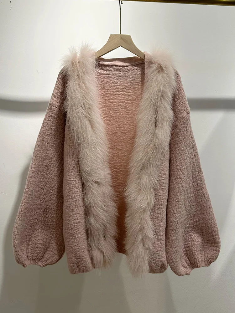 2026 Autumn Winter Women Real Fox Fur Cardigan Knitted Jacket Decoration Lady's Sweater Coat Female OverSize Coat
