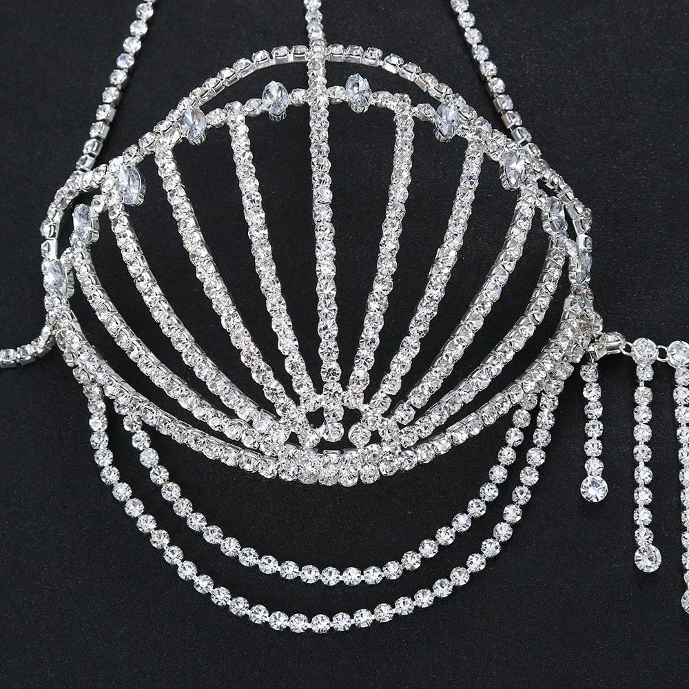 2024 New Sea Shell Bra Top Woman Crystal Lingerie Chain Apparel Stripper Outfit Dancewear Exotic Gift Lingerie Wholesale Pendant