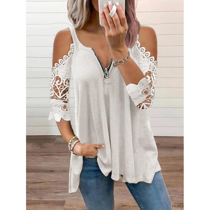 2023 Summer New Lace Petal Half Sleeve Zipper Ladies T-Shirt for women Oversize Off Shoulder V-Neck Loose Casual Top Tee Tunic