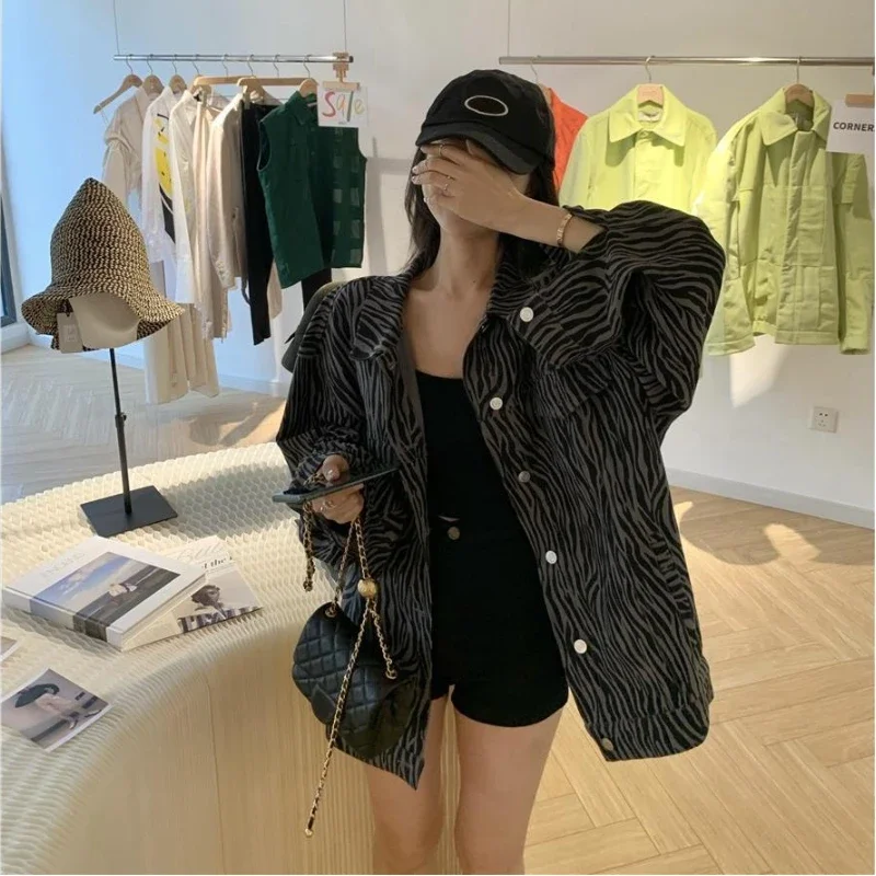 Basic Jackets Women Streetwear Harajuku Denim Casual Zebra-Striped Retro Vintage All-match Spring Loose Daily Outwear Ulzzang image 4